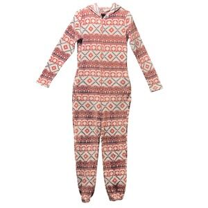 Rue21 Fleece One Piece Pajamas Hooded Aztec Print‎ Jumpsuit Loungewear Size M